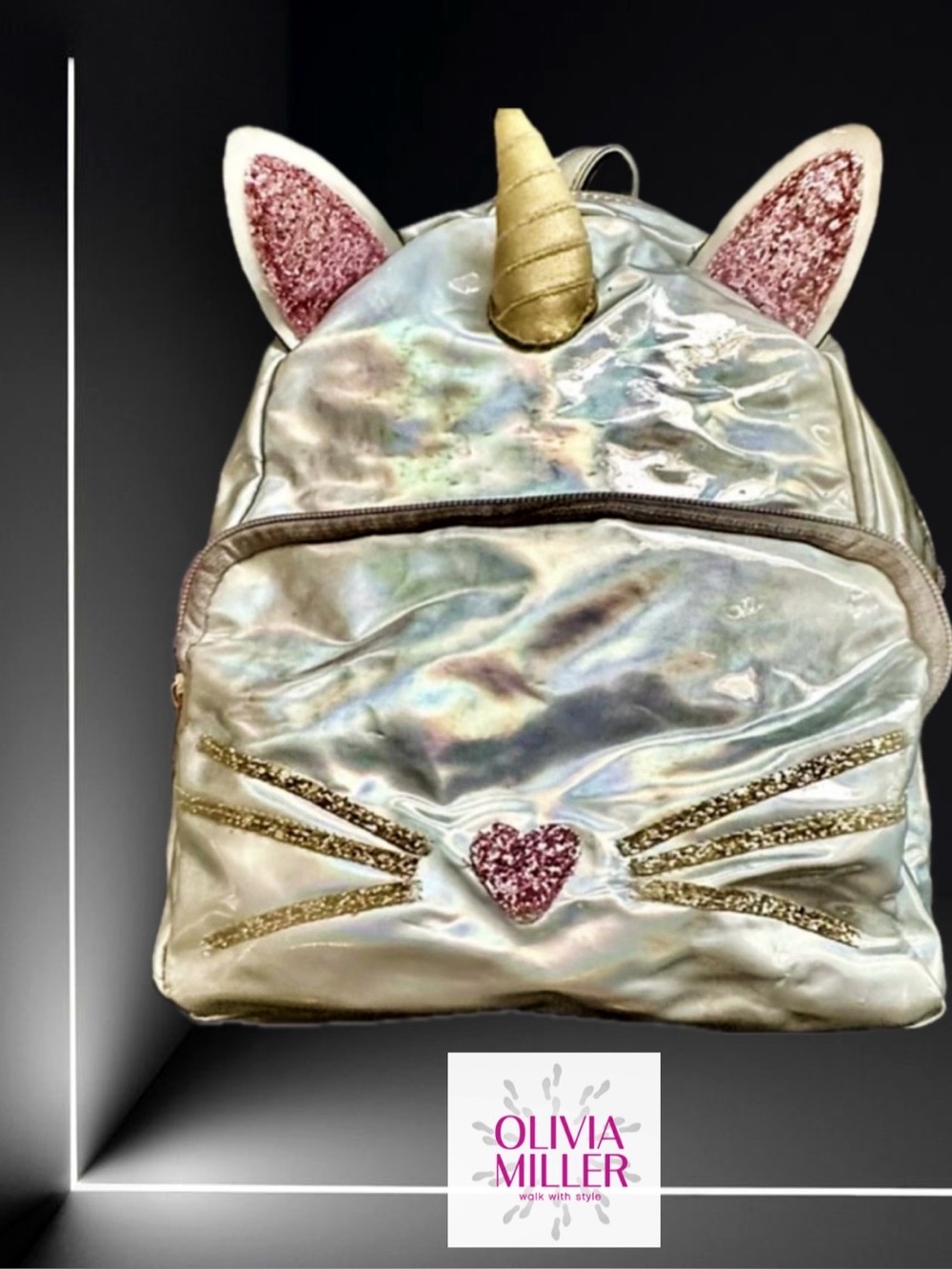 Iridescent Silver Unicorn Cat Backpack for Kids by Olivia Miller